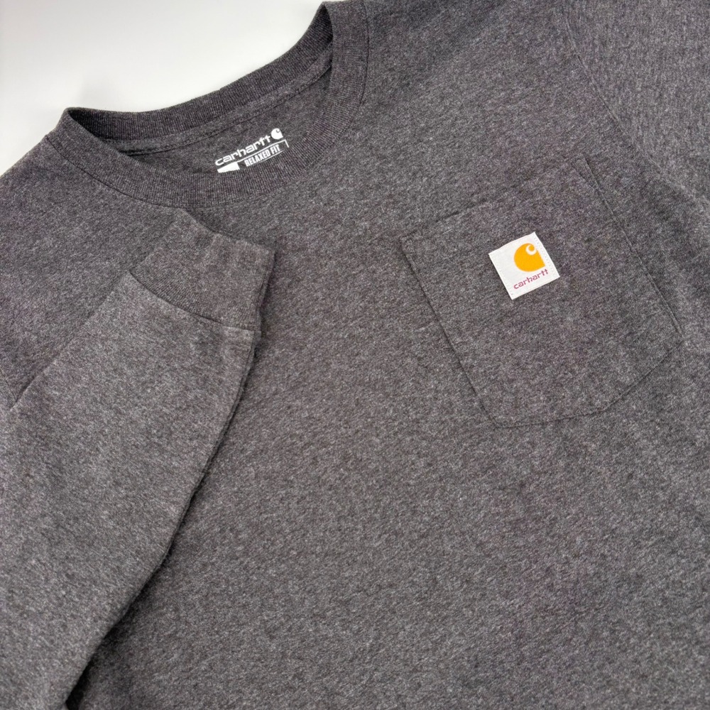 Carhartt Mens Long‎ Sleeve Pocket T-Shirt Gray Back Logo Relaxed Fit Small